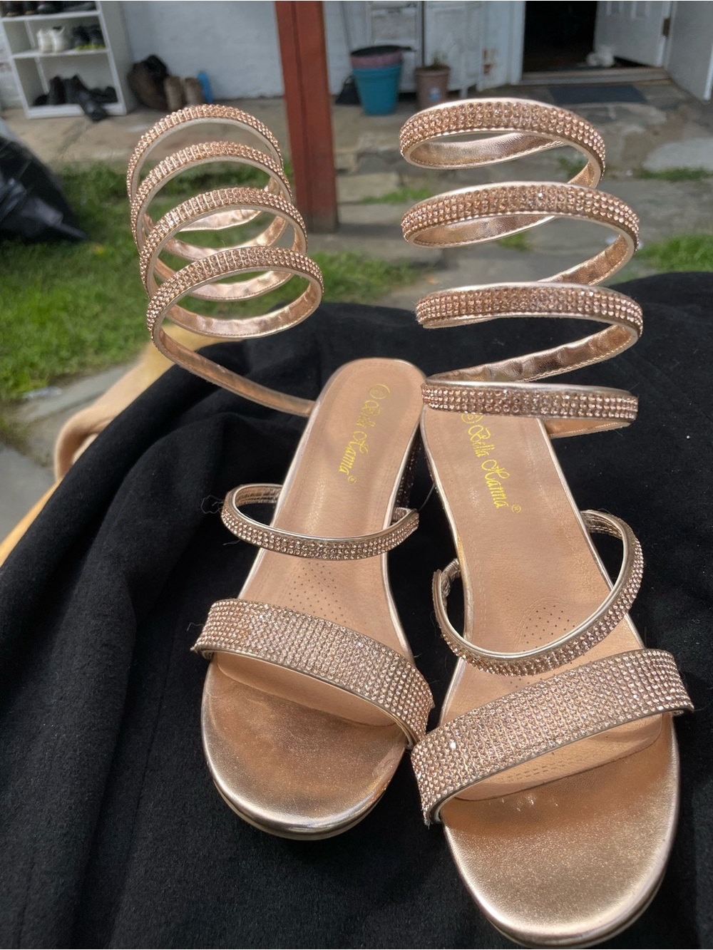 La Femme Metallic Rose Gold Spiral-Strap Heeled Sandals